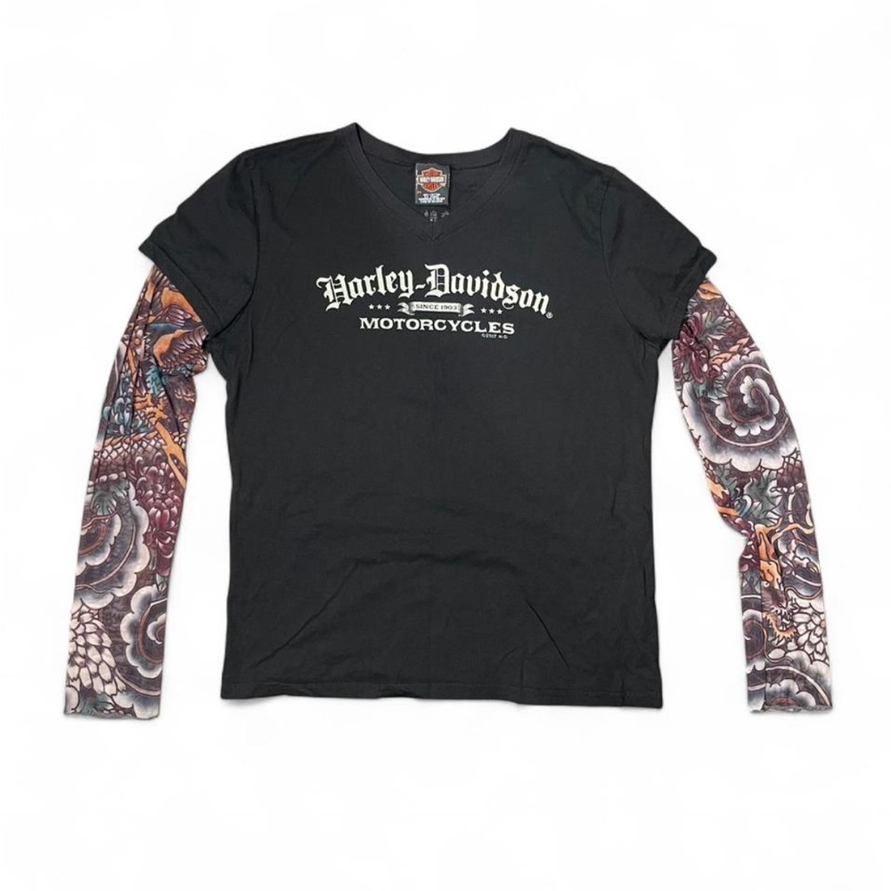 • SOLD • Harley-Davidson Women’s Black V-Neck Tee Tattoo-Print Sleeves Size 3X